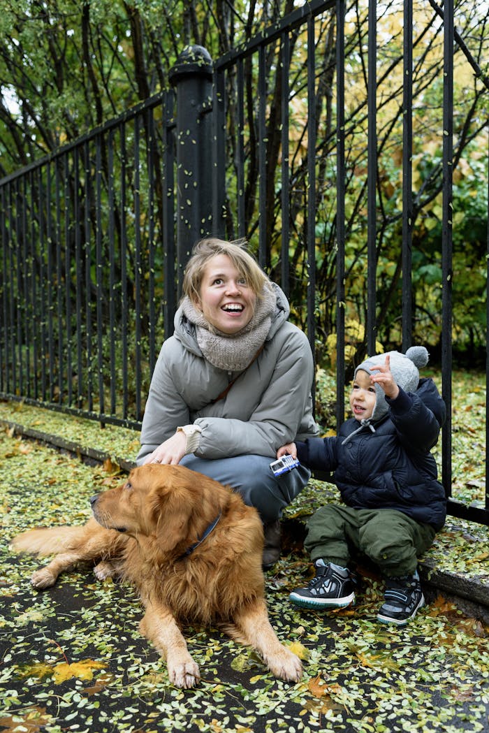 Woman and toddler enjoy a cheerful autumn day in a park with their golden retriever.