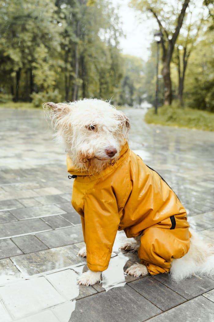Adorable dog wearing a yellow raincoat seated on a rainy outdoor walkway, highlighting pet care.